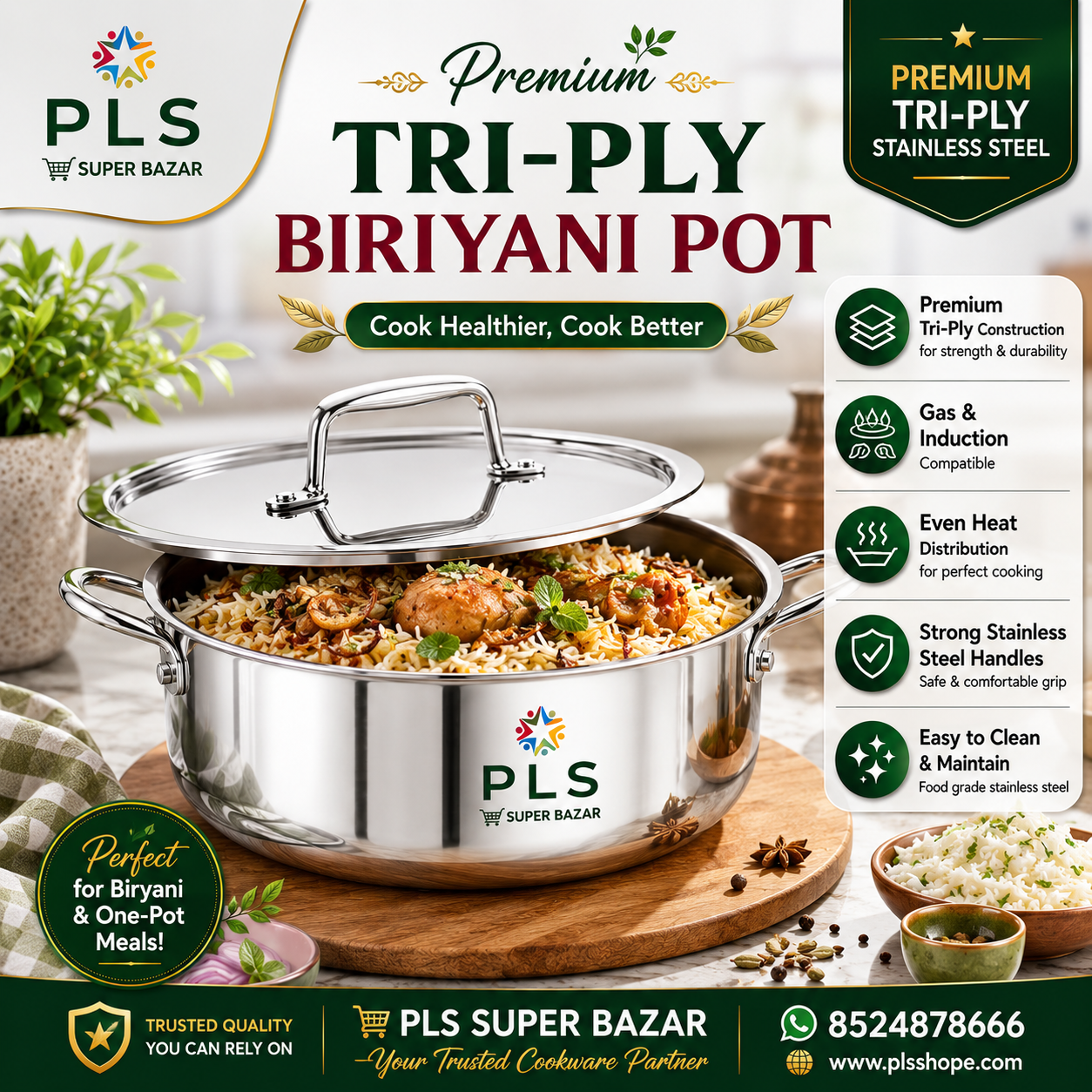 PLS Triply Stainless Steel Biriyani Pot with Lid