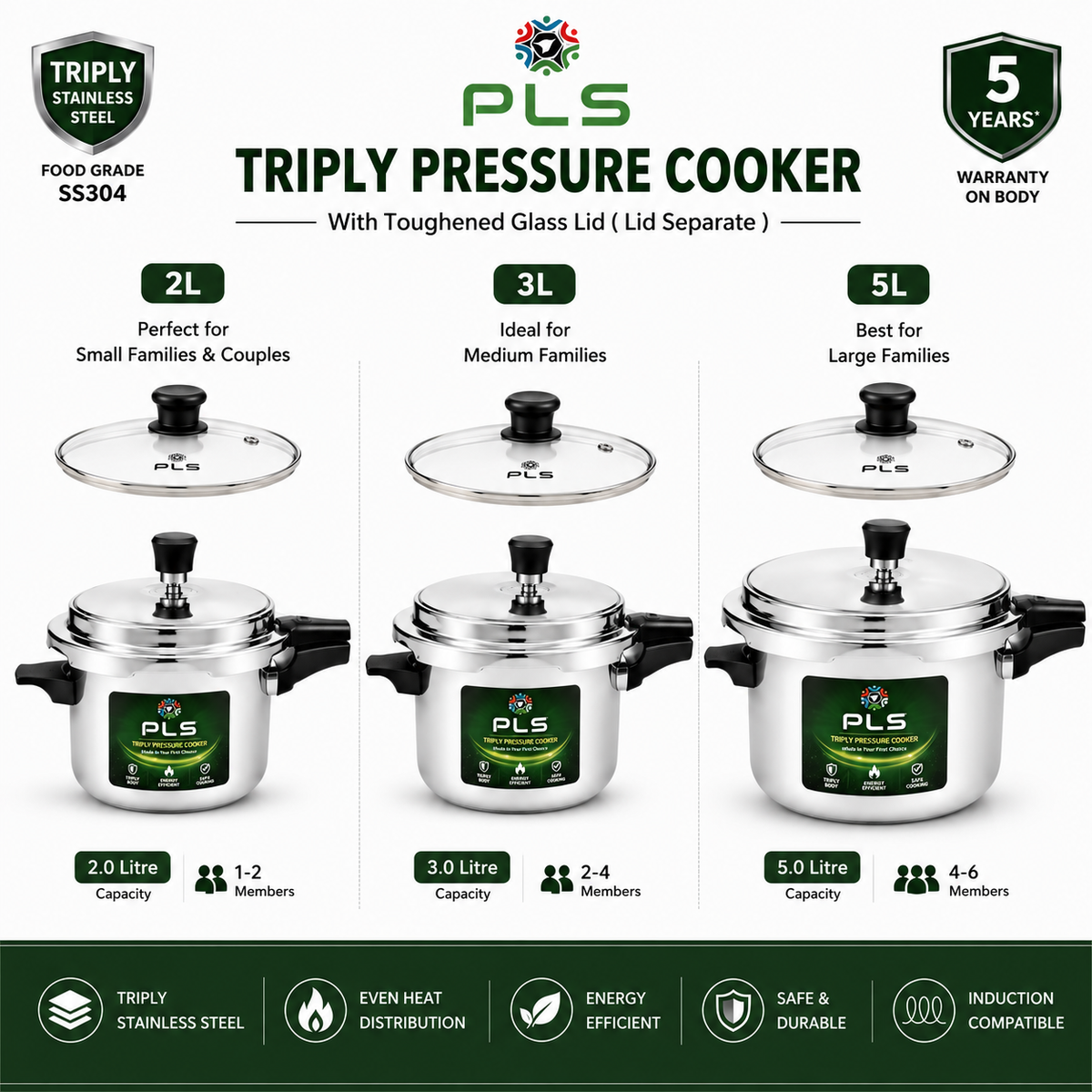  PLS Triply Pressure Cooker showing three size options: 2L, 3L, and 5L. stainless steel cookers with glass lids 