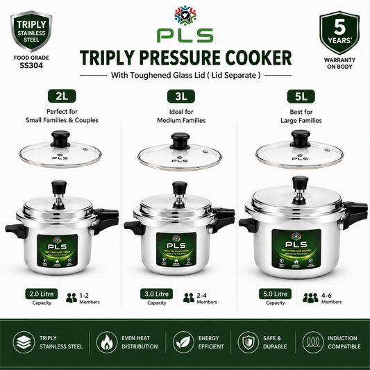  PLS Triply Pressure Cooker showing three size options: 2L, 3L, and 5L. stainless steel cookers with glass lids 
