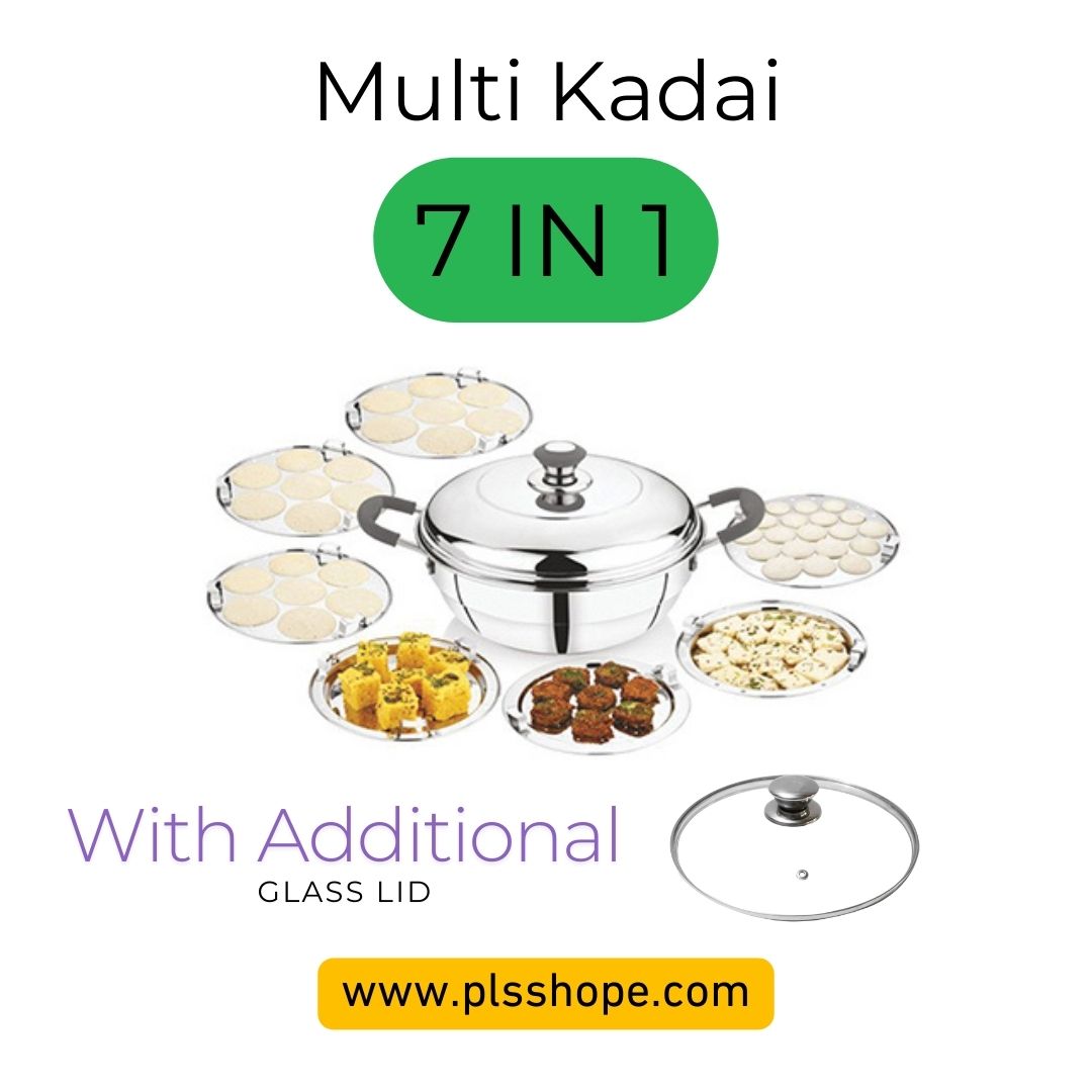 PLS Triply Multi Kadai 7-in-1 with stainless steel lid, glass lid, 3 regular idli plates, mini idli plate, dhokla plates and steamer plate