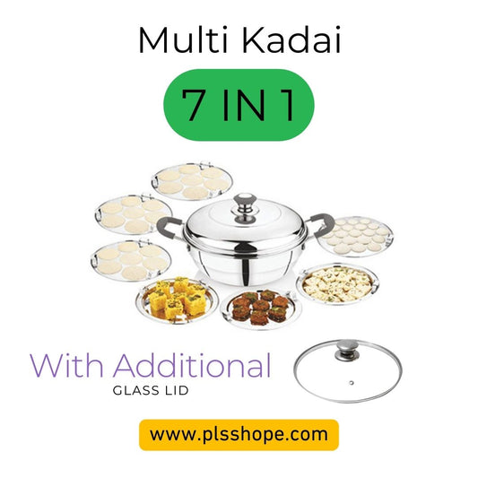 PLS Triply Multi Kadai 7-in-1 with stainless steel lid, glass lid, 3 regular idli plates, mini idli plate, dhokla plates and steamer plate
