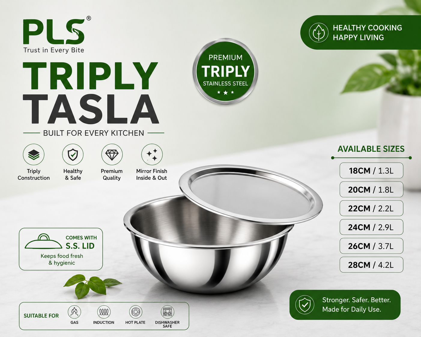 PLS Triply Tasla with Stainless Steel Lid - Premium Full Triply Stainless Steel Cooking Vessel available in 18cm to 28cm sizes