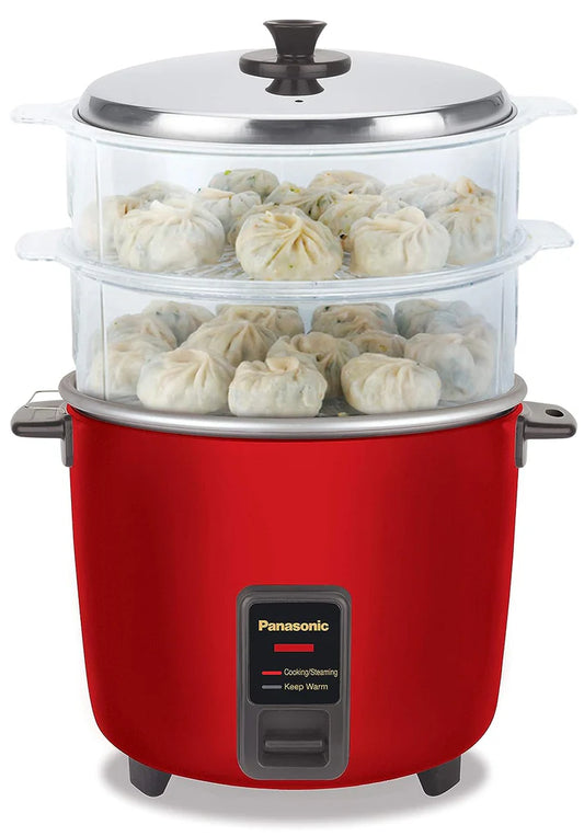 Panasonic SR-WA18H SS 1.8 Liters Automatic Electric Rice Cooker| Momo Steamer - Metallic Burgundy Regular in use, steaming food.