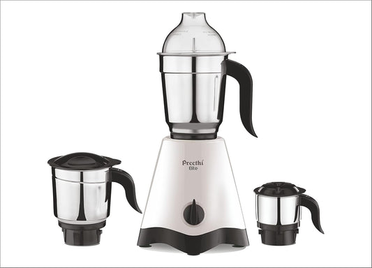 Powerful Preethi Elite Mixer Grinder, 600 Watt, White-Black, 3 Jars, 2Yr Warranty for effortless cooking.