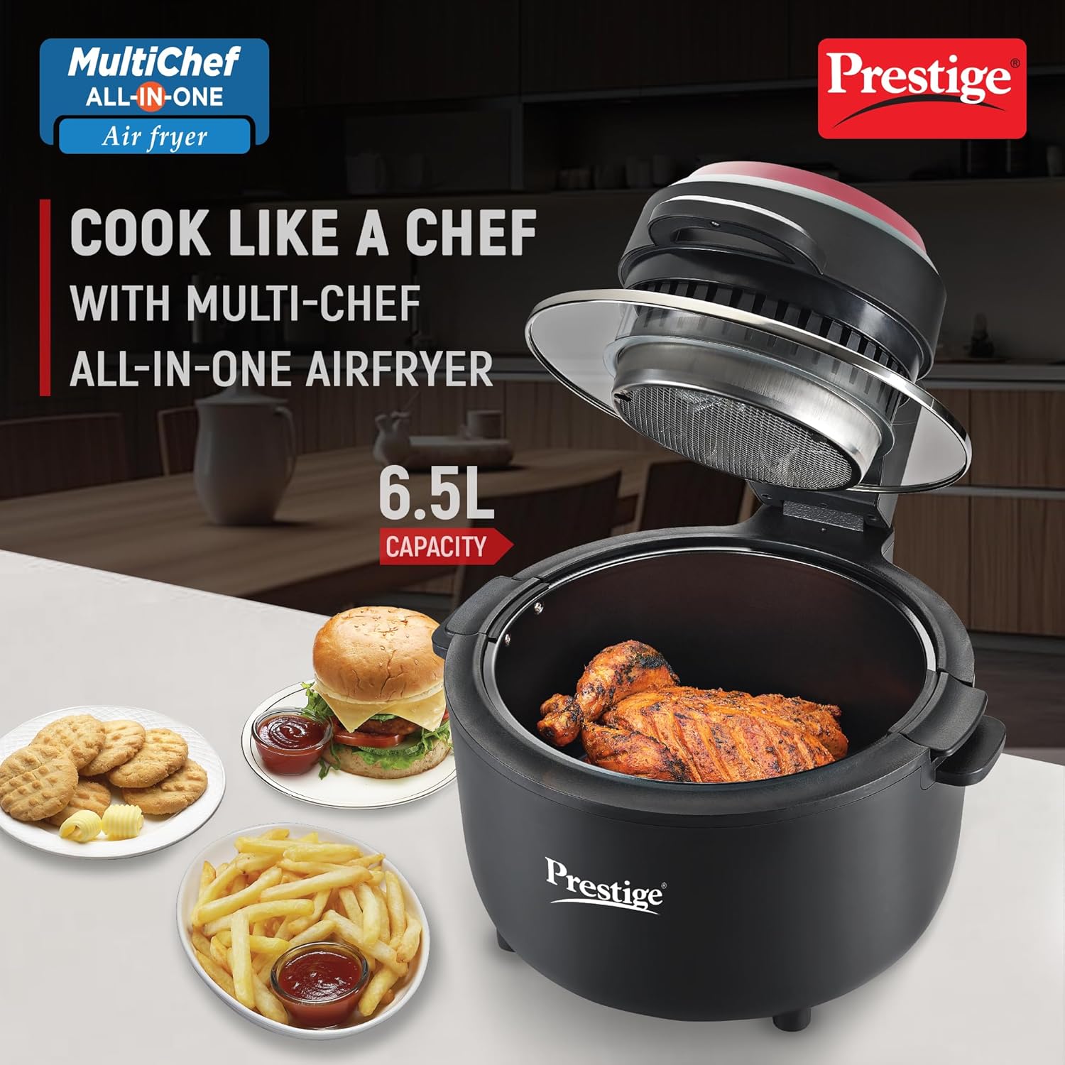 Cook delicious meals effortlessly with the Prestige Multi-Chef All in One Air fryer I 6.5 Liter I 1200watts Air Fryer oven.