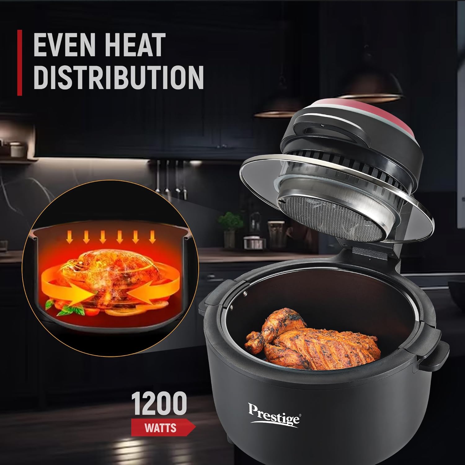 Prestige Multi-Chef All in One Air fryer I 6.5 Liter I 1200watts Air Fryer oven showcasing even heat distribution.