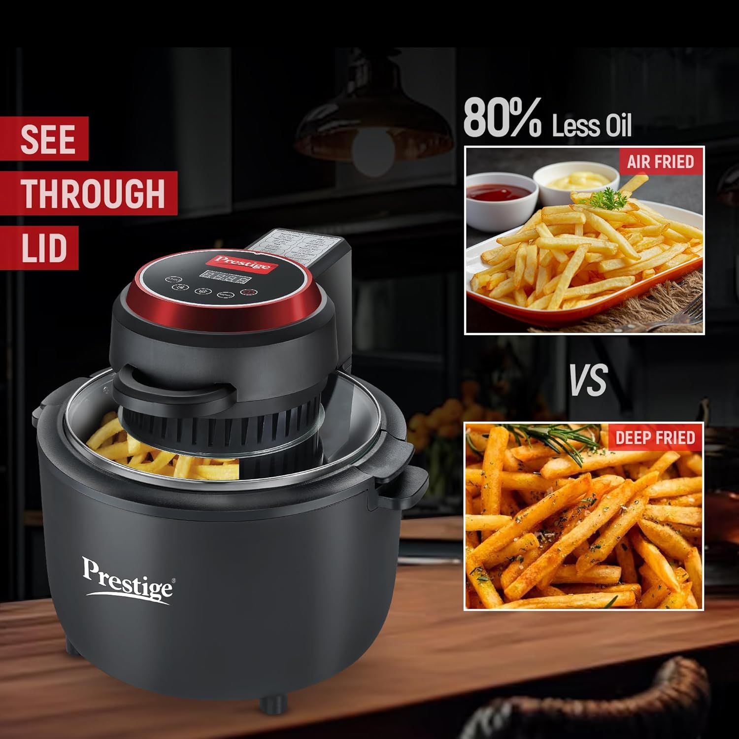Prestige Multi-Chef All in One Air fryer I 6.5 Liter I 1200watts Air Fryer oven shows healthier cooking with less oil.