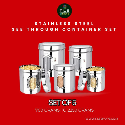 PLS Heavy See Through Stainless Steel Containers Set  For Kitchen I SS Containers With Lid I 750gms to 2000 gms I Set Of 5