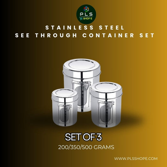 PLS Heavy See Through Stainless Steel Containers Set  For Kitchen I SS Containers With Lid I 200gms to 500gms I Set Of 3