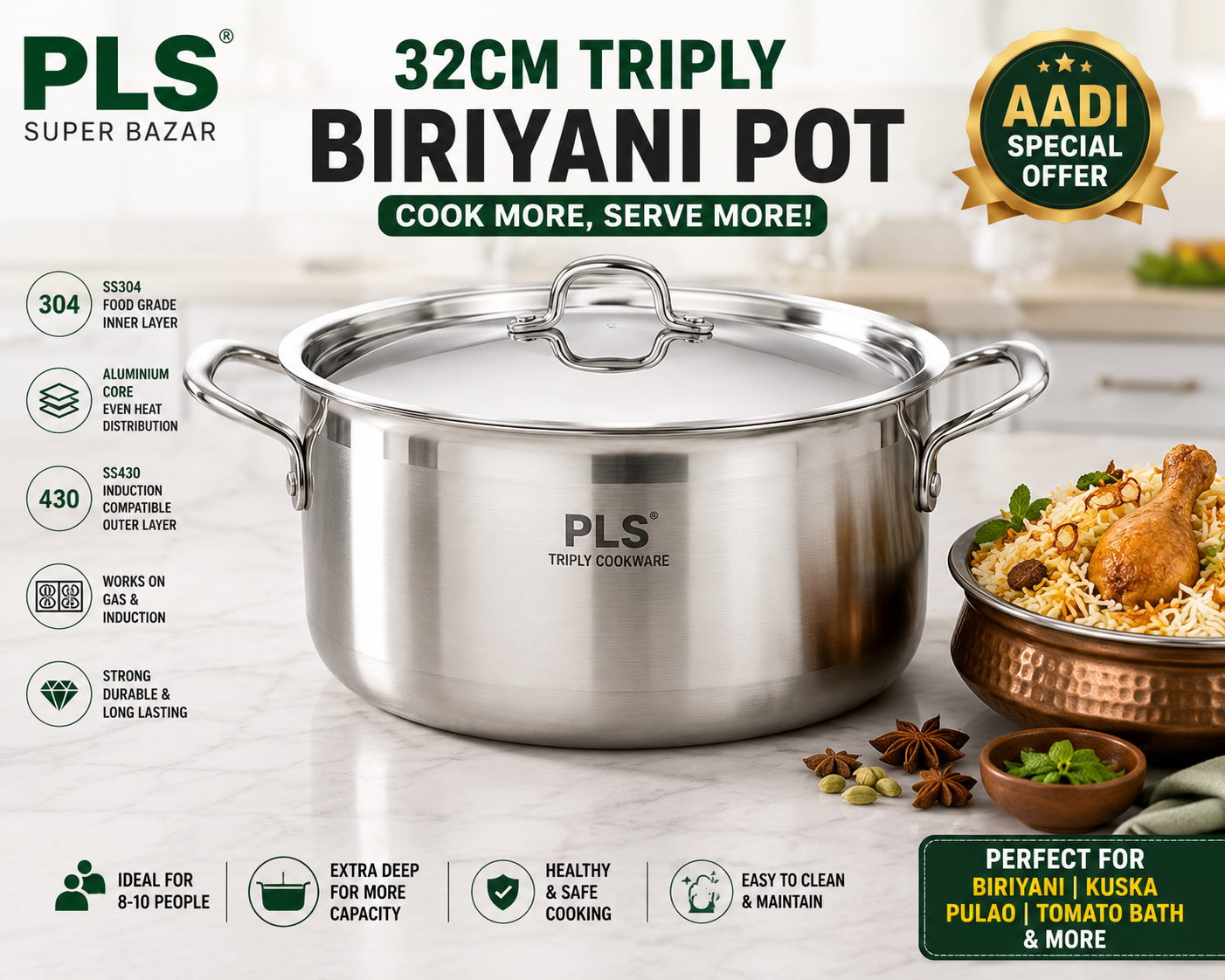 PLS Triply Biriyani Pot Even Heat Distribution