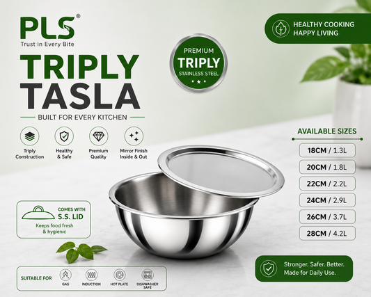 PLS Triply Tasla with Lid – Premium Stainless Steel Triply Vessel for Fast & Uniform Cooking