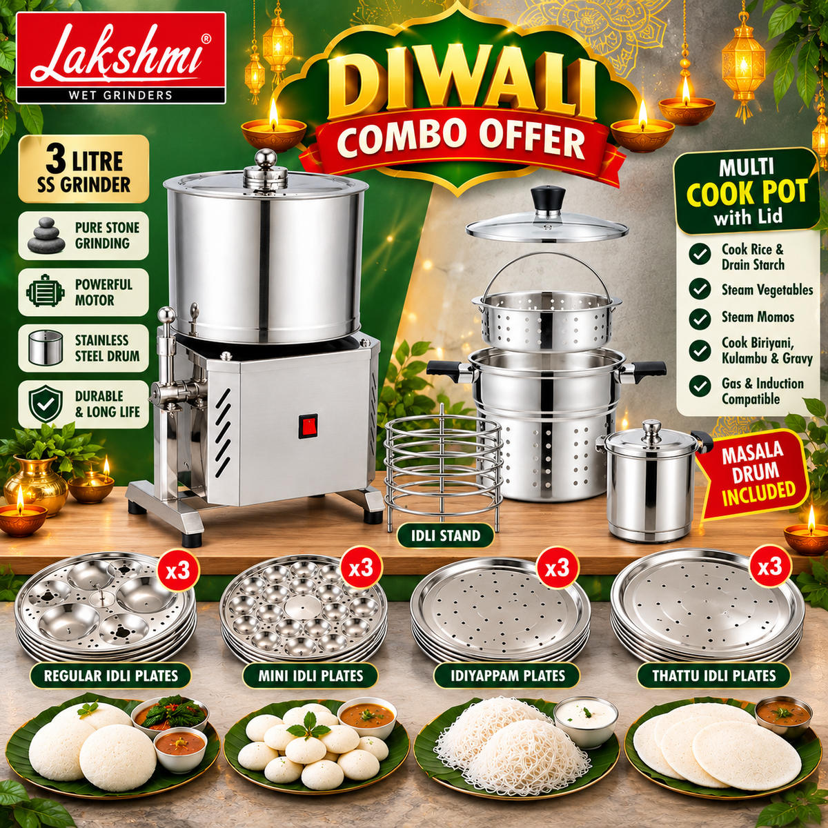 Lakshmi Wet Grinders – Super Diwali Combo Offer with Multi Cook Pot