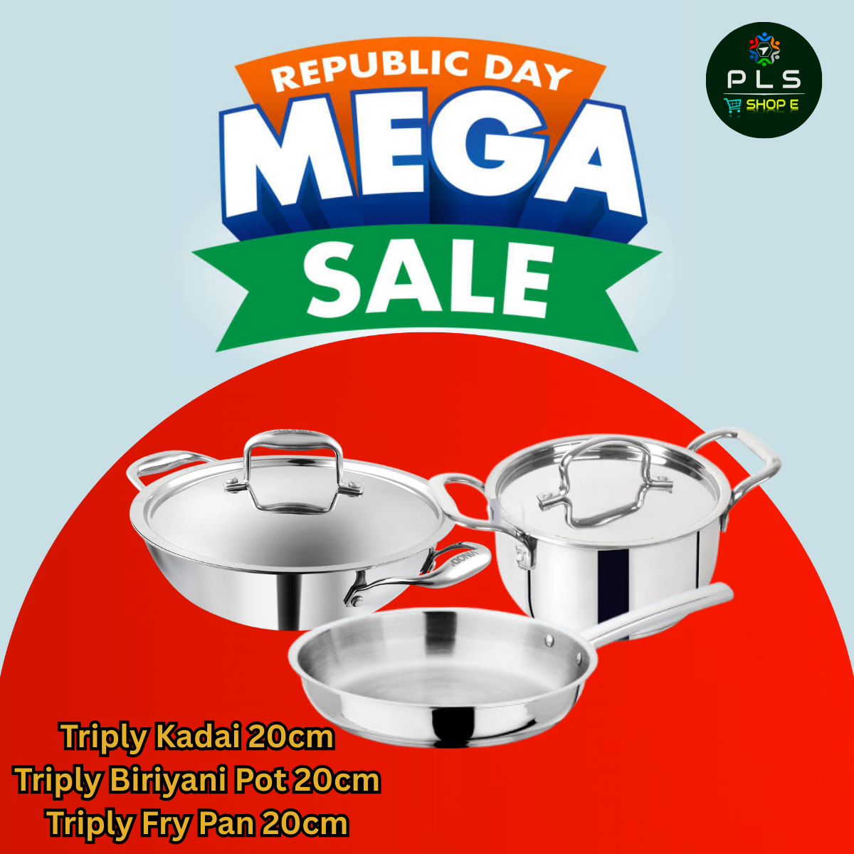 PLS Triply Cookware Combo | Triply Kadai, Biriyani Pot & Fry Pan | Stainless Steel Gas & Induction Compatible