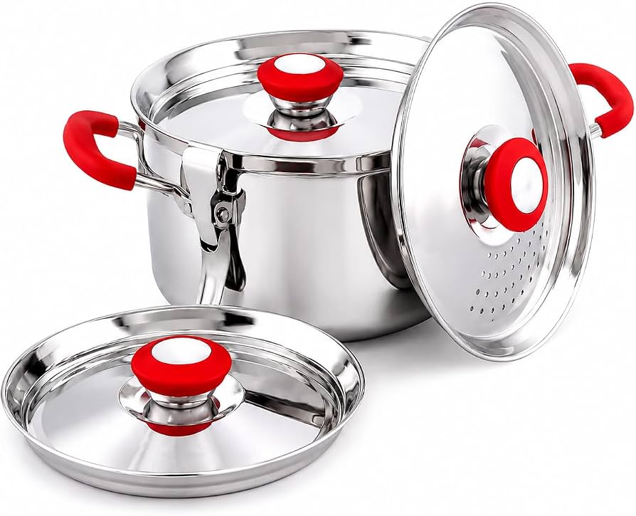 PLS Stainless Steel Annapathiram with Silicon Handles & 2 Lids – 2.75L, 4L & 6.5L