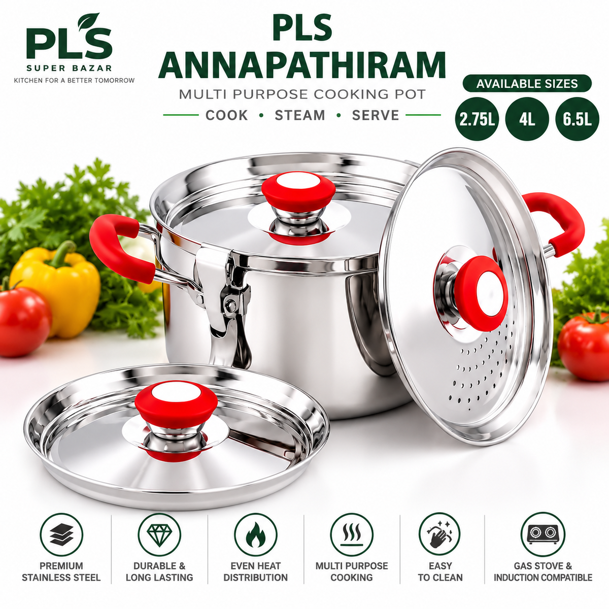 PLS stainless steel Annapathiram with red silicon handles, regular lid and perforated strainer lid, available in 2.75L, 4L and 6.5L sizes.