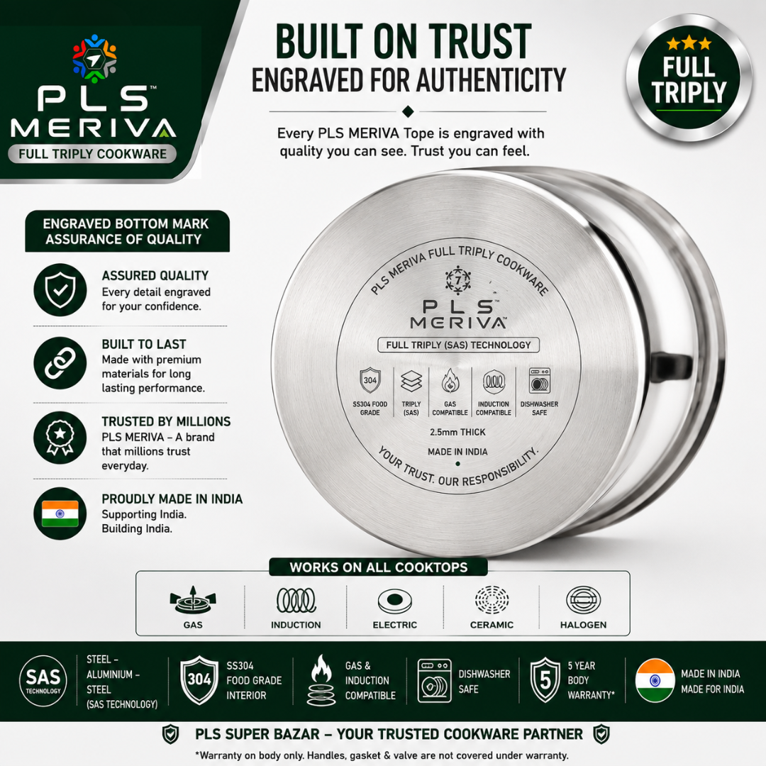 Bottom view of PLS MERIVA Full Triply Tope showing induction-compatible base with premium SAS Technology and full triply construction.