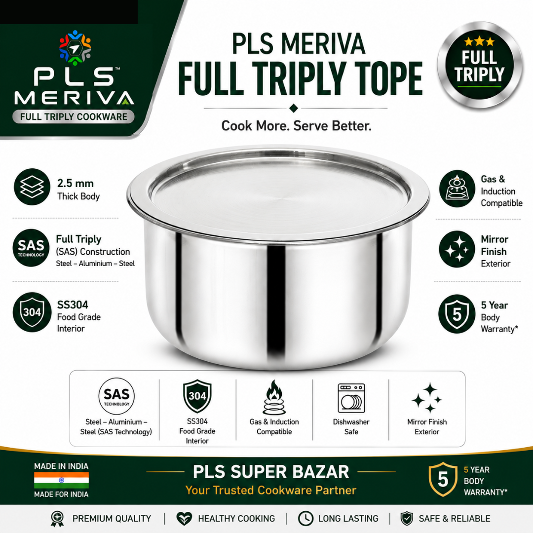 PLS MERIVA Full Triply Tope with stainless steel lid by PLS Super Bazar featuring SS304 food-grade interior, SAS Technology, 2.5 mm thick body, and induction compatible design.