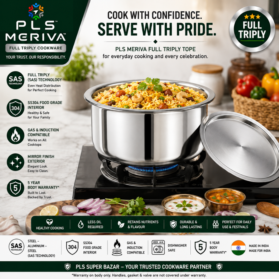 PLS MERIVA Full Triply Tope used in a modern kitchen for boiling milk, cooking rice, soups, and everyday family meals.