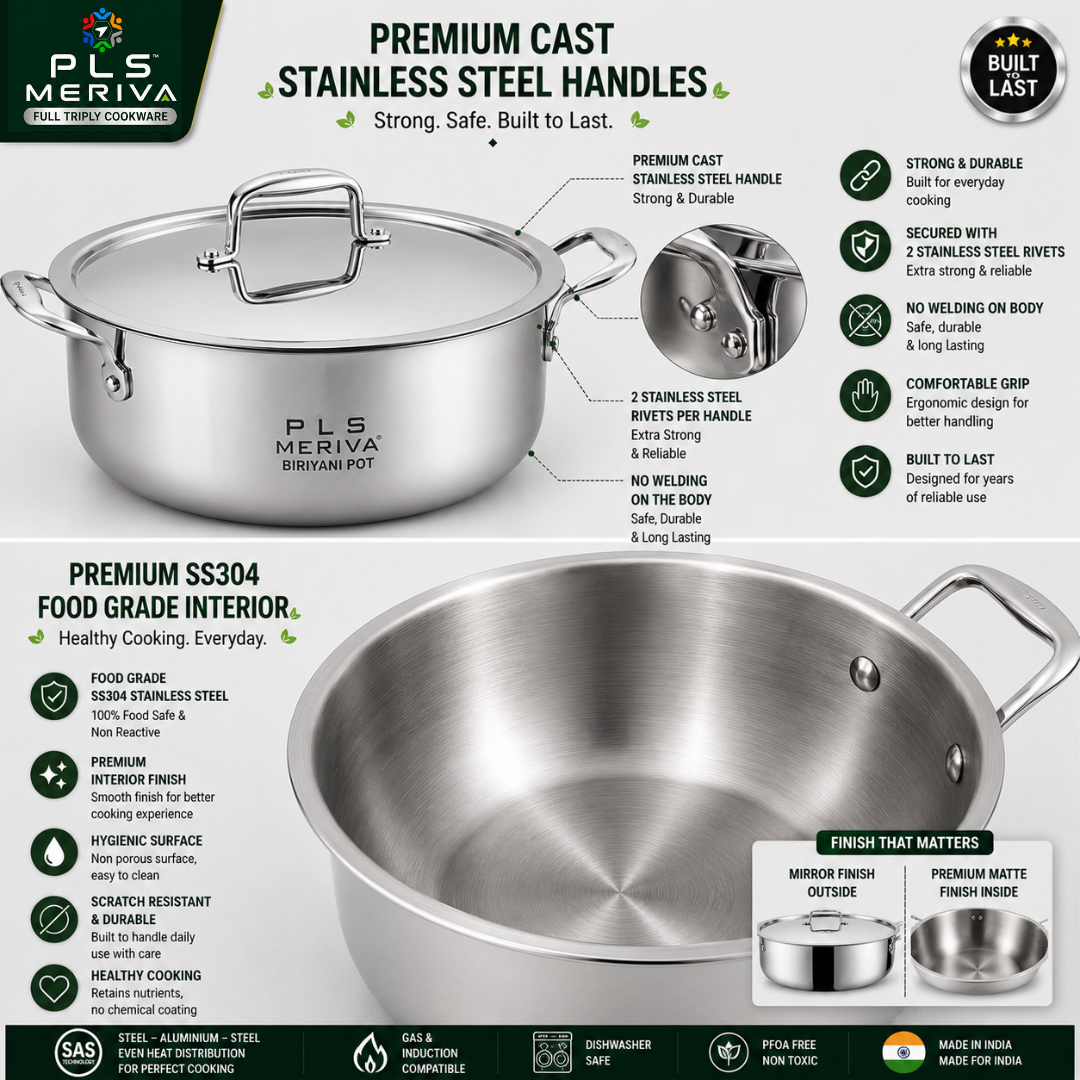 PLS MERIVA Full Triply Biriyani pot with stainless steel lid featuring  SS304 food-grade interior, SAS Technology, 2.5 mm thick body, induction compatible , premium cast stainless steel revited handles 