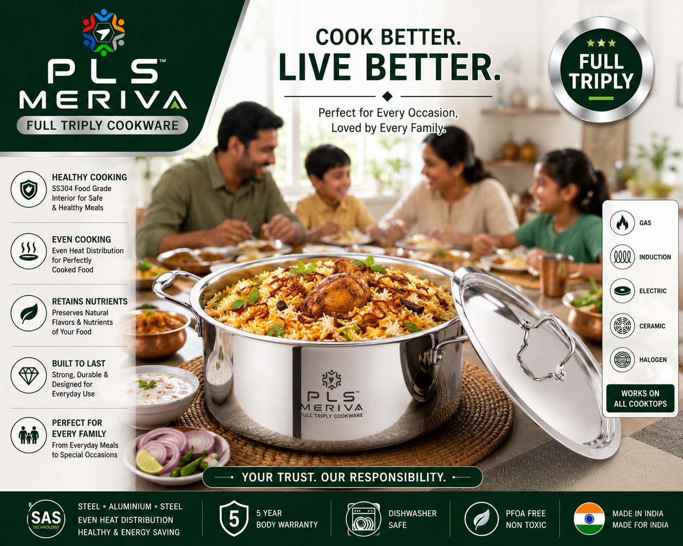 PLS MERIVA Full Triply Biriyani Pot preparing aromatic biriyani in a modern kitchen with even heat distribution and premium stainless steel construction.
