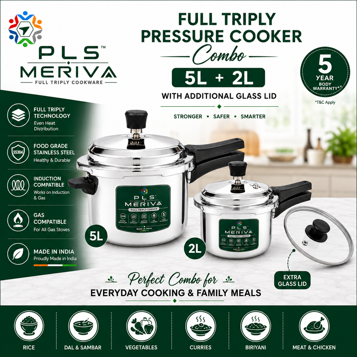 PLS MERIVA Full Triply Pressure Cooker Combo 5L + 2L with Additional Glass Lid
