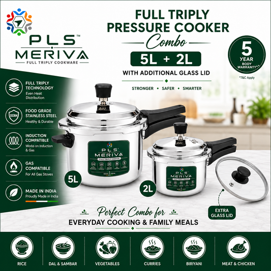 PLS MERIVA Full Triply Pressure Cooker Combo 5L + 2L with Additional Glass Lid