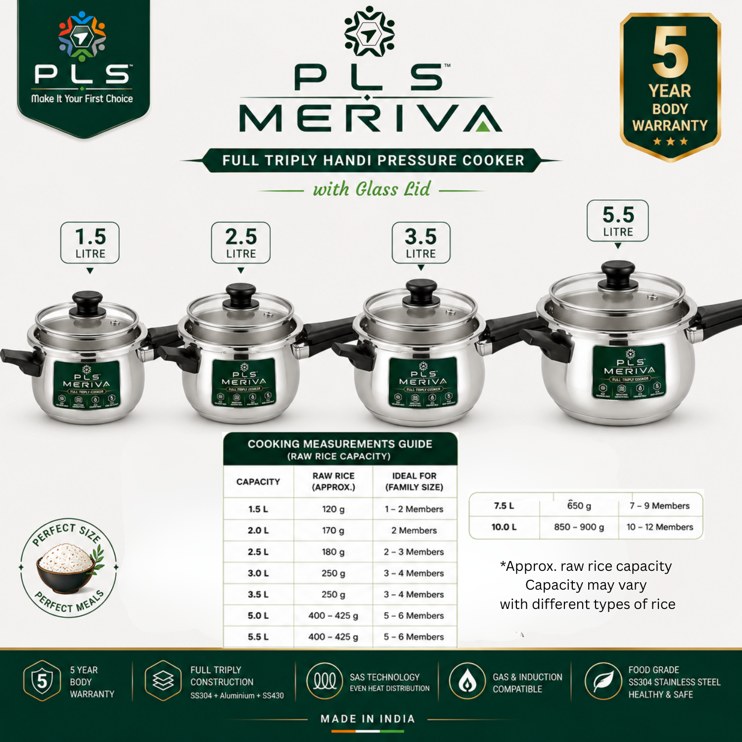 PLS MERIVA Handi Pressure Cooker sizes with approximate raw rice capacity of 120g, 180g, 250g and 400–425g