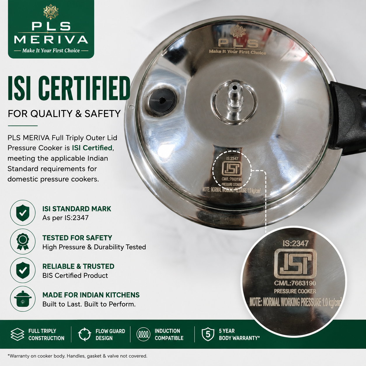 PLS MERIVA ISI Certified Full Triply Outer Lid Pressure Cooker Combo 5L + 2L with Additional Glass Lid