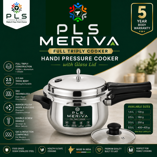 PLS MERIVA Full Triply Handi Pressure Cooker with Glass Lid