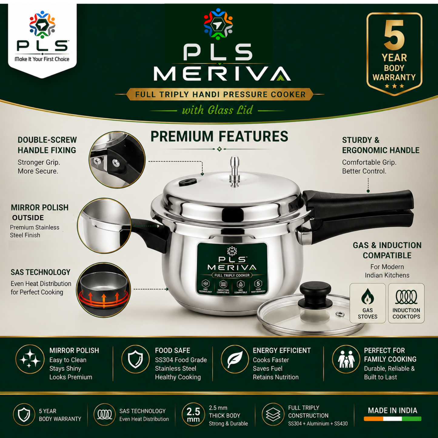 PLS MERIVA Handi Pressure Cooker with double-screw handle, mirror polished exterior, matte interior and gas induction compatibility