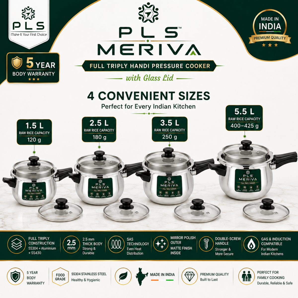 PLS MERIVA Full Triply Handi Pressure Cooker available in 1.5L, 2.5L, 3.5L and 5.5L sizes