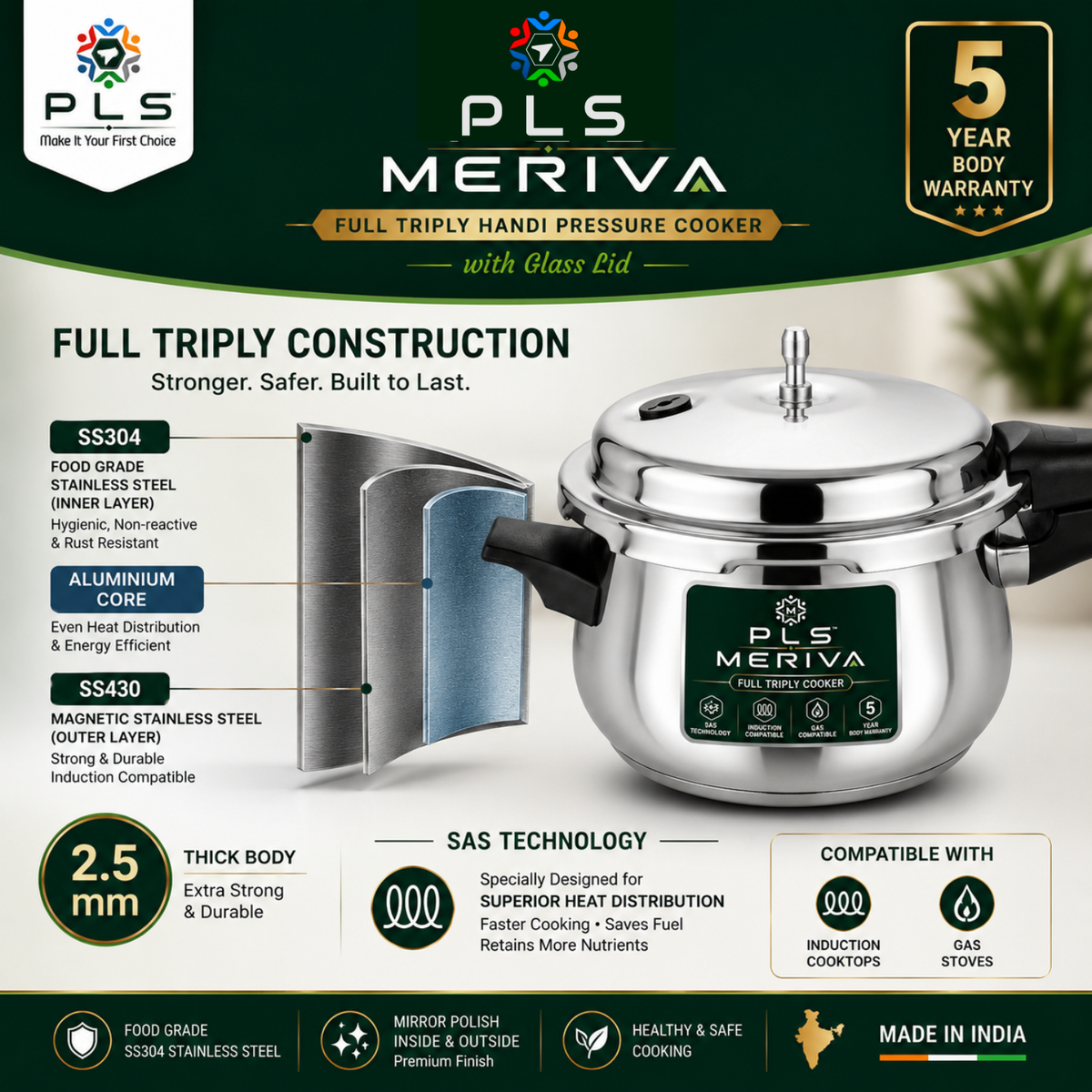 PLS MERIVA Full Triply Handi Cooker with 2.5 mm body, SAS Technology, SS304 Aluminium and SS430 construction