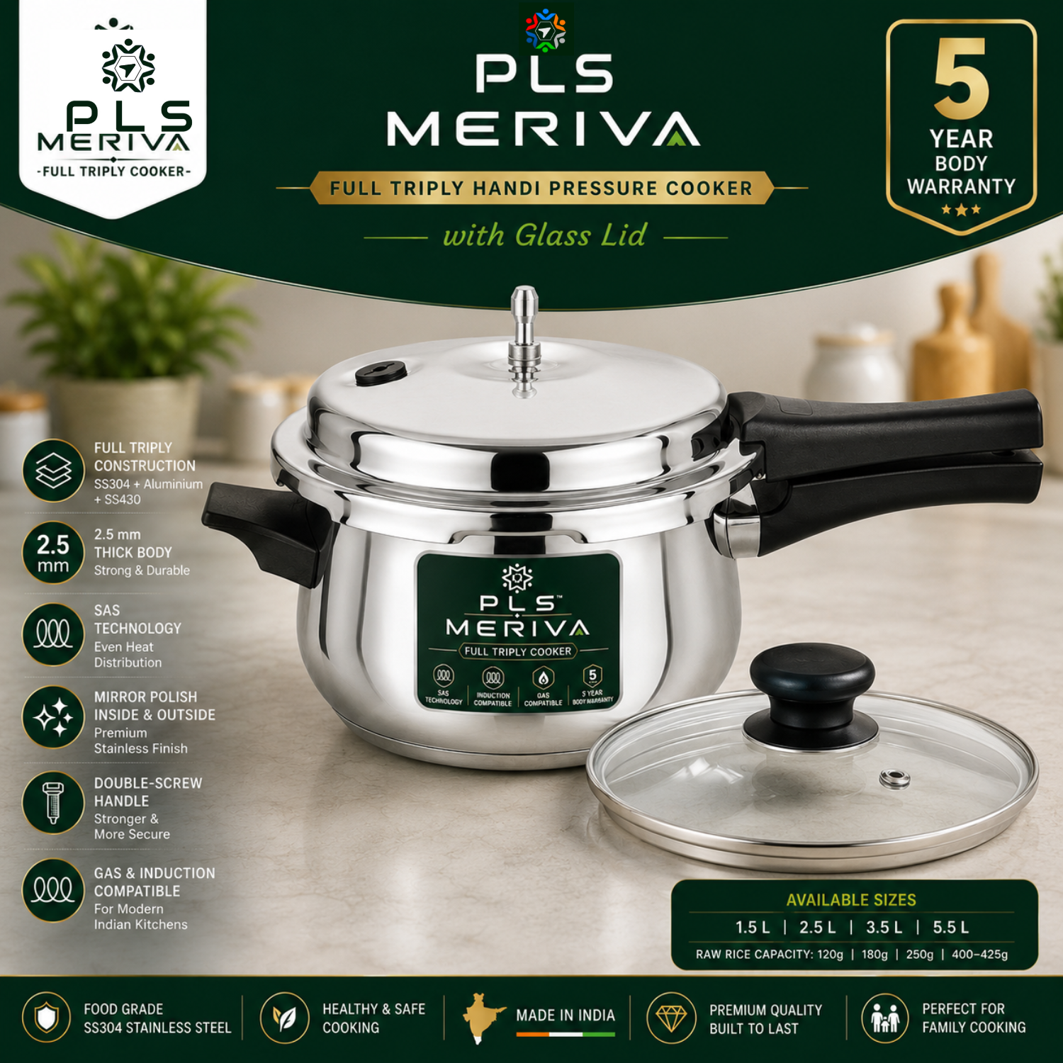 PLS MERIVA Full Triply Handi Pressure Cooker with Tempered Glass Lid