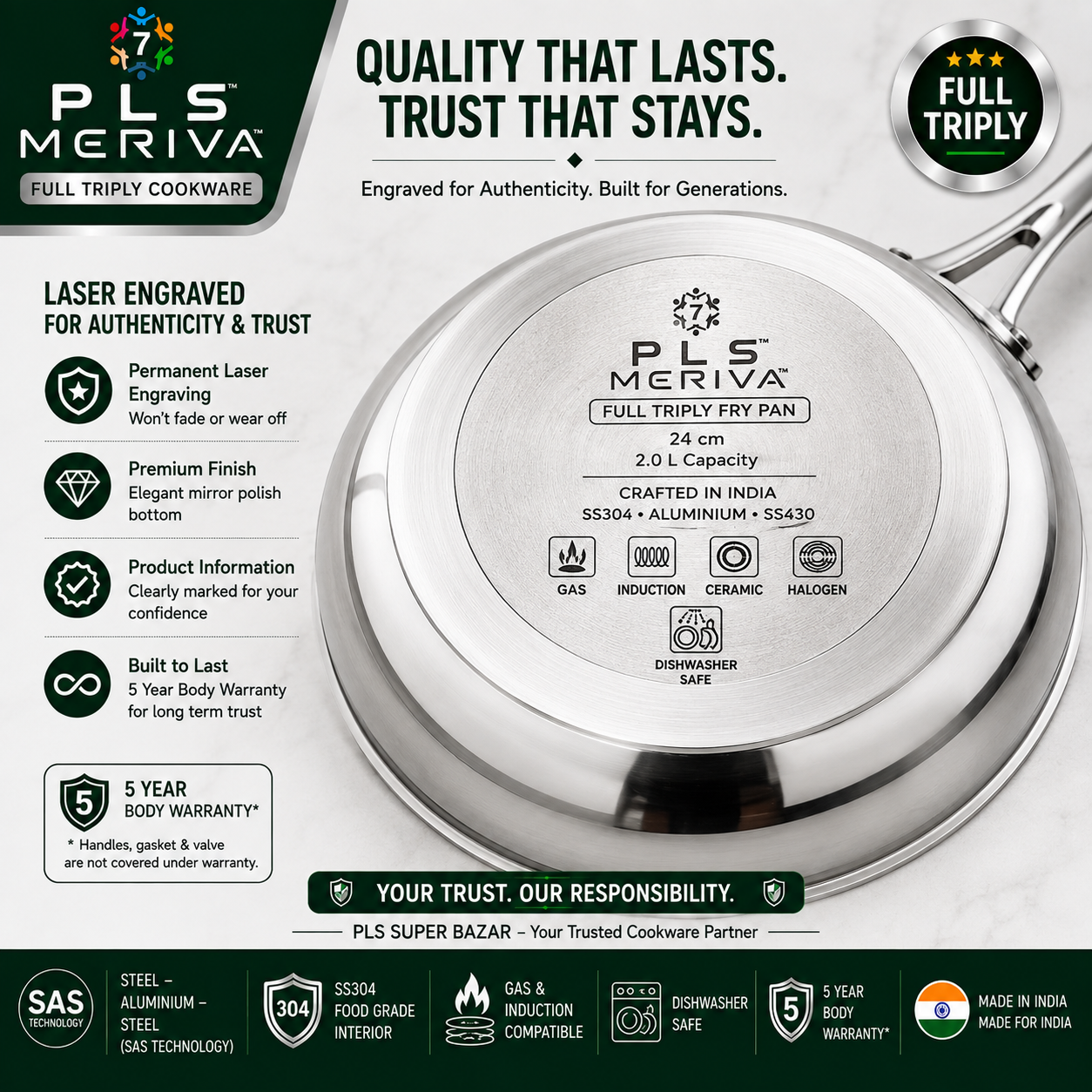 Bottom view of PLS MERIVA Full Triply Fry Pan showing induction-compatible base with premium SAS Technology and full triply construction.