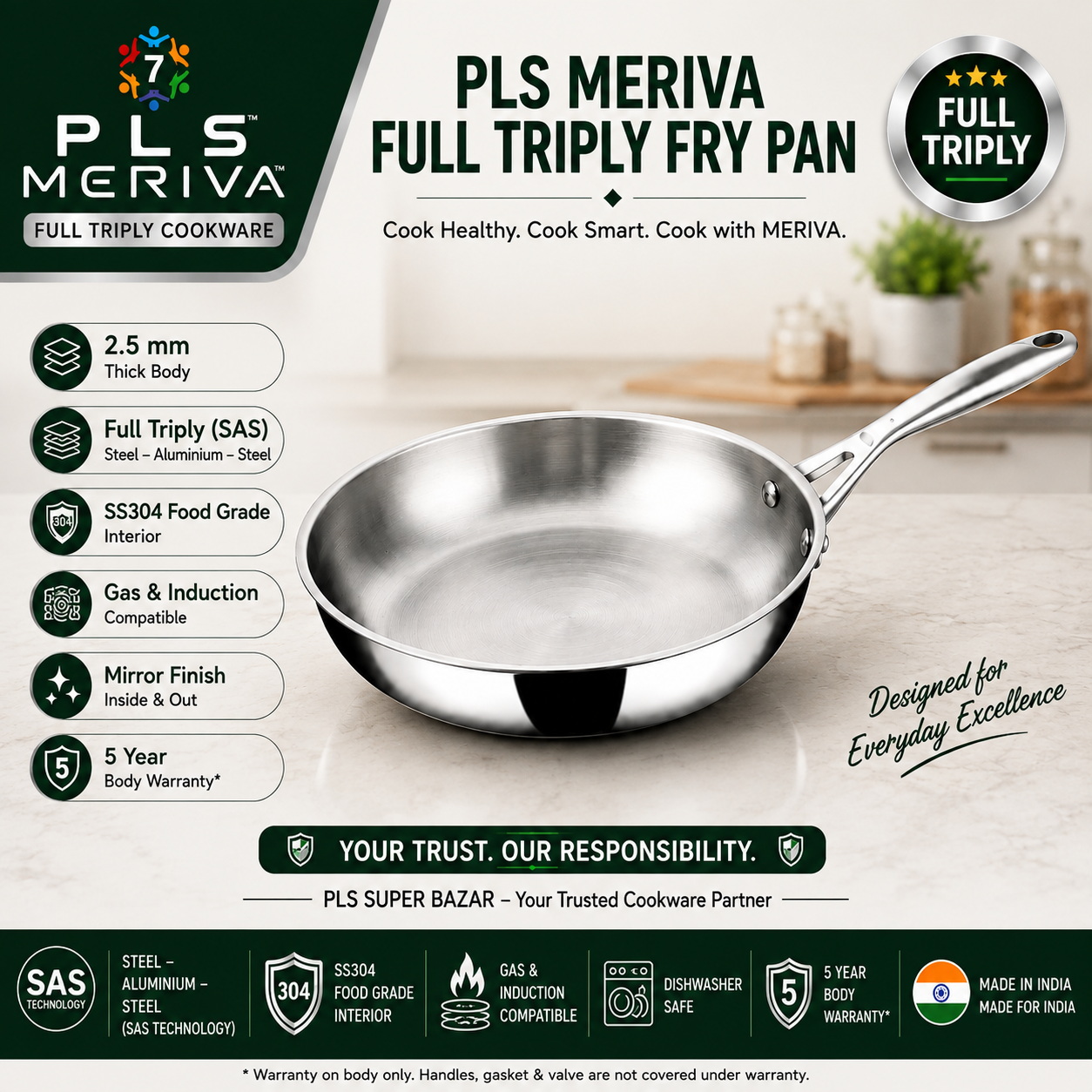 PLS MERIVA Full Triply Fry Pan by PLS Super Bazar featuring SS304 food-grade stainless steel, SAS Technology, 2.5 mm thick body, and induction compatible design.