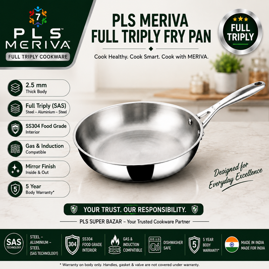 PLS MERIVA Full Triply Fry Pan by PLS Super Bazar featuring SS304 food-grade stainless steel, SAS Technology, 2.5 mm thick body, and induction compatible design.