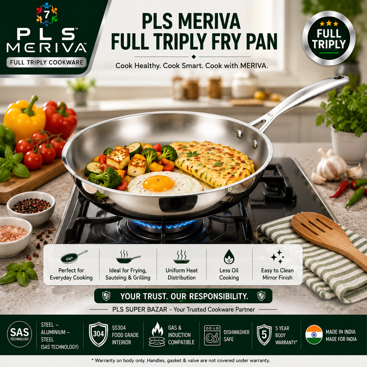 PLS MERIVA Full Triply Fry Pan preparing healthy breakfast in a modern kitchen with even heat distribution and premium stainless steel construction.