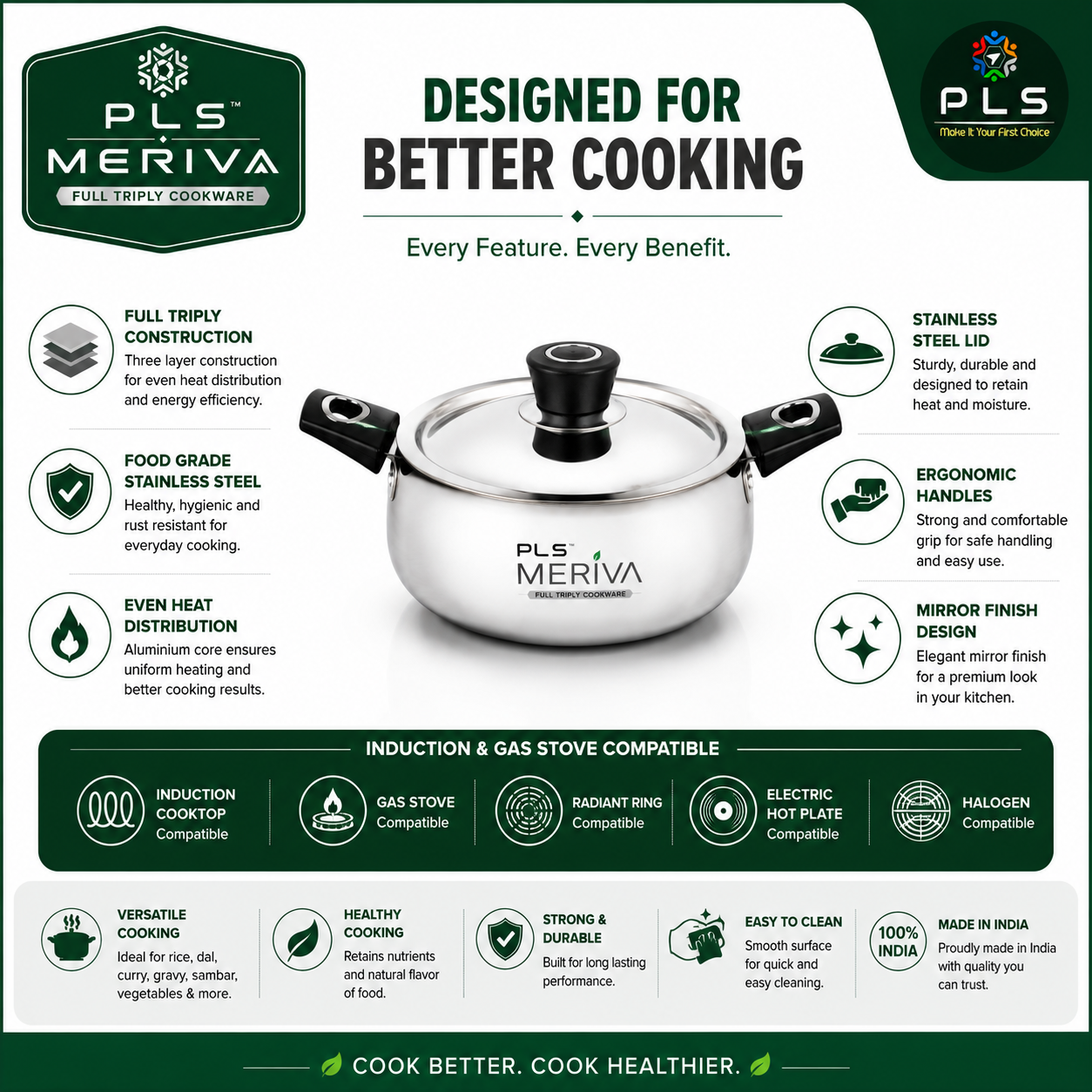 PLS MERIVA Full Triply Handi with stainless steel lid ergonomic handles induction and gas stove compatibility