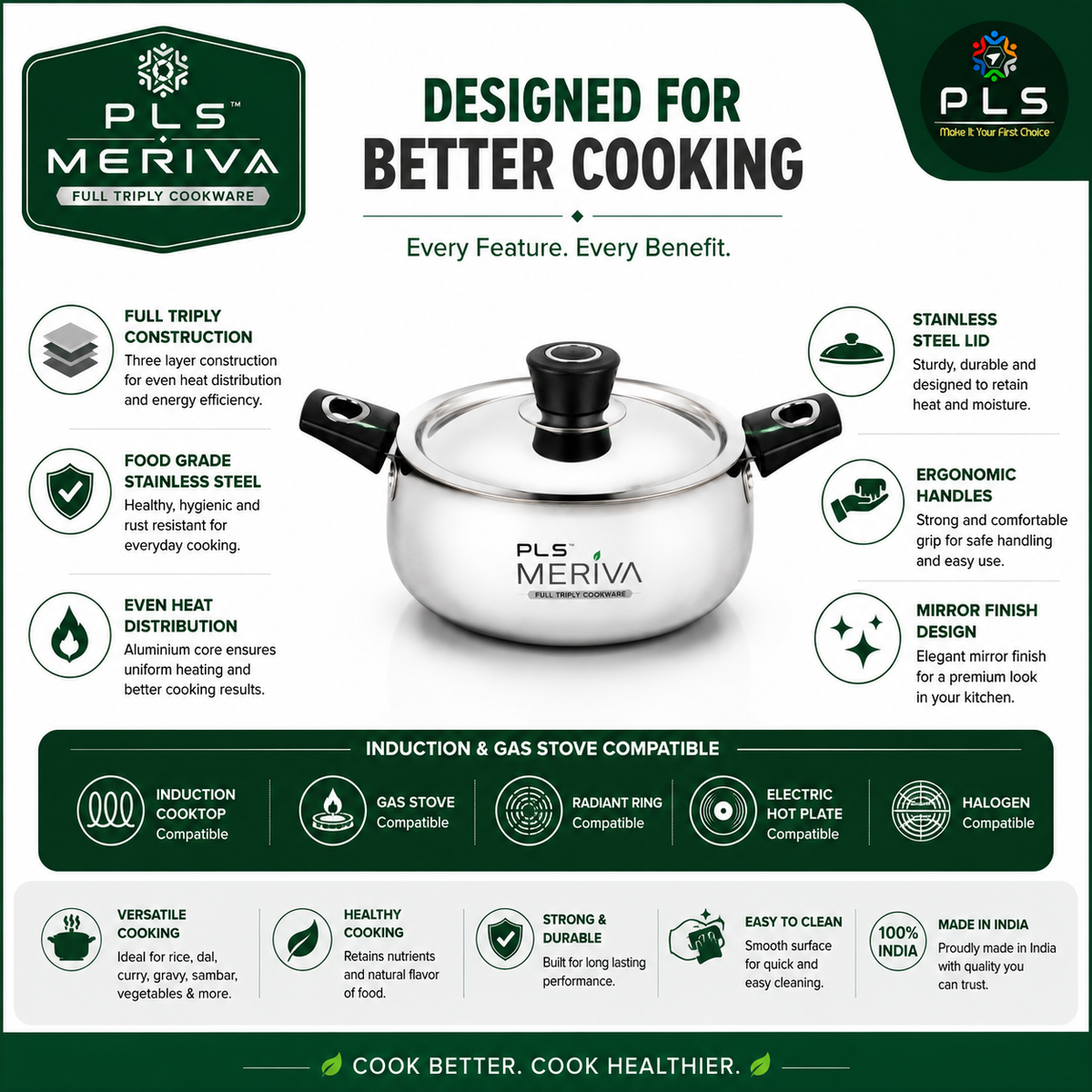 PLS MERIVA Full Triply Handi with stainless steel lid ergonomic handles induction and gas stove compatibility