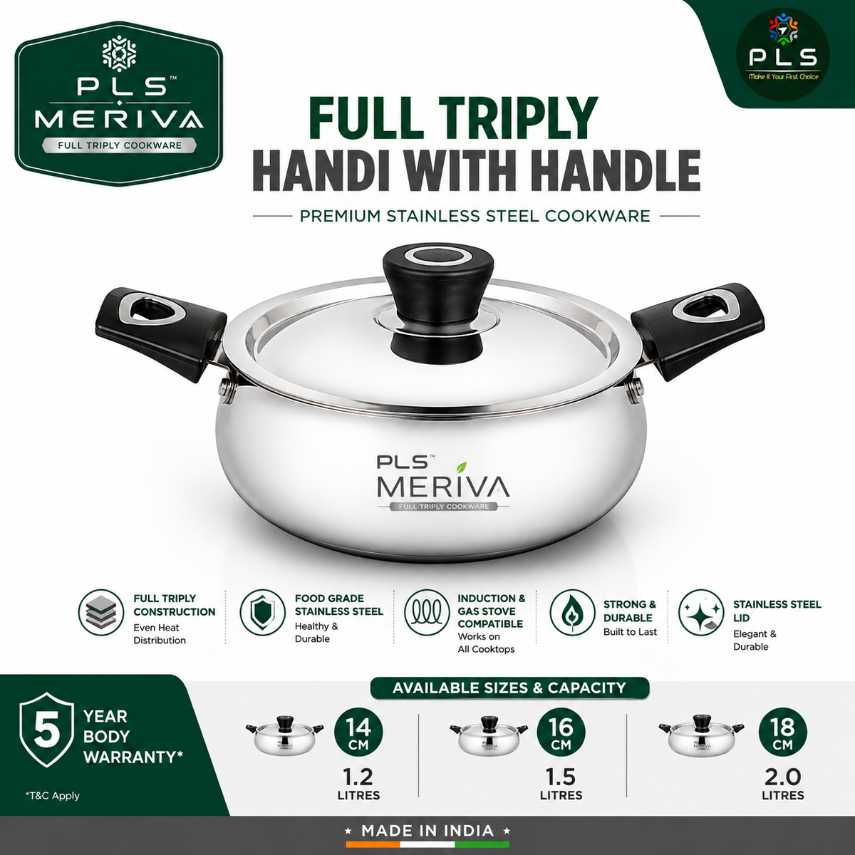 PLS MERIVA Full Triply Handi With Handle stainless steel cookware with lid