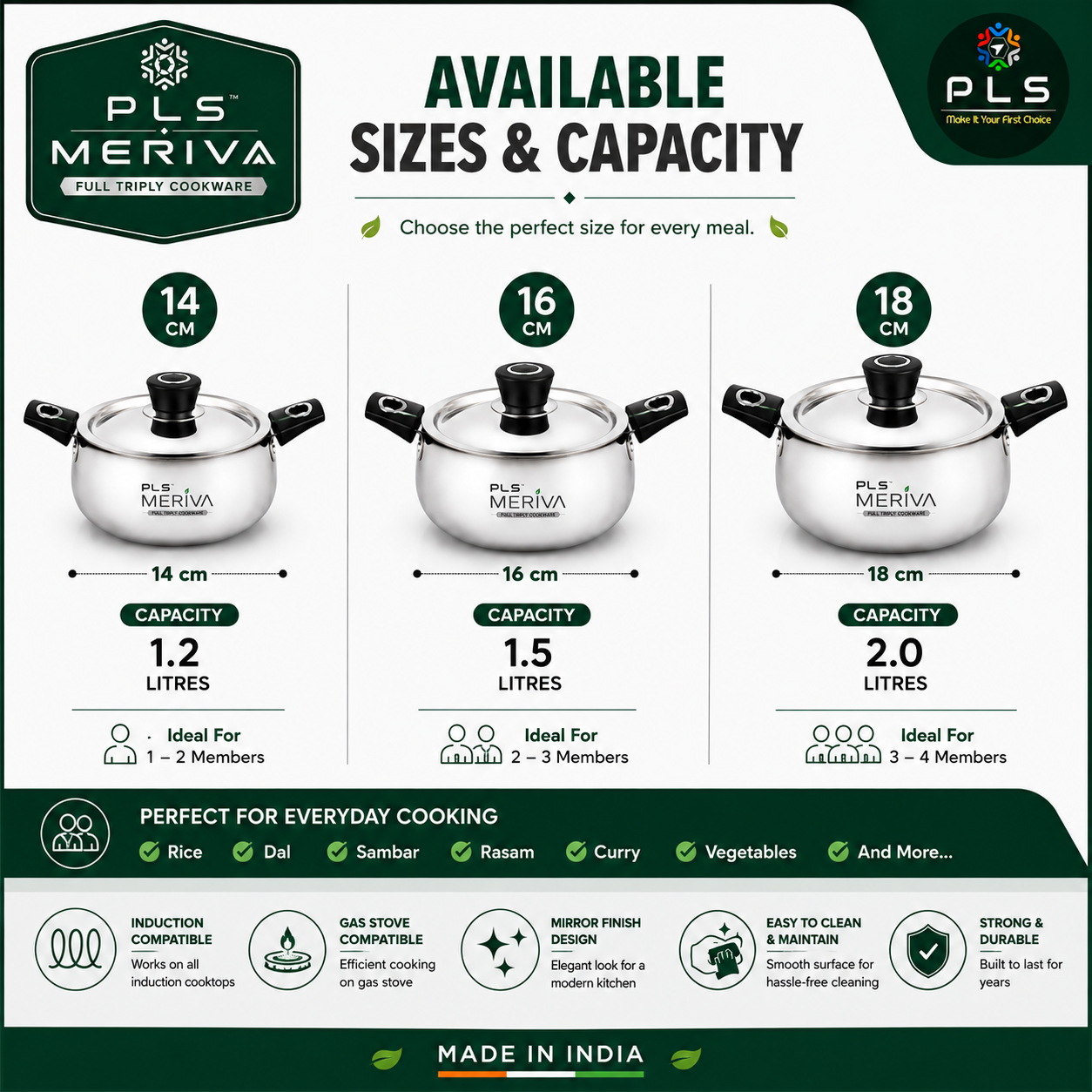 PLS MERIVA Full Triply Handi available in 14cm 1.2L 16cm 1.5L and 18cm 2L sizes