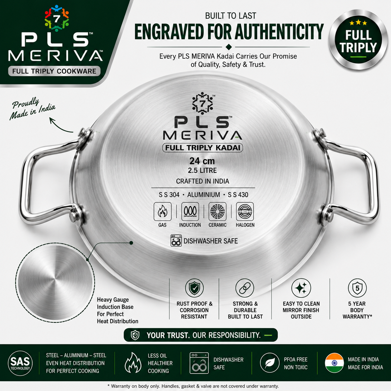 Bottom view of PLS MERIVA Full Triply Kadai showing premium induction-compatible base with SAS Technology and 2.5 mm thick full triply construction.