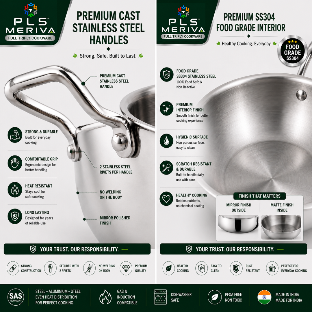 PLS MERIVA Full Triply Kadai with stainless steel lid featuring  SS304 food-grade interior, SAS Technology, 2.5 mm thick body, induction compatible , premium cast stainless steel revited handles 