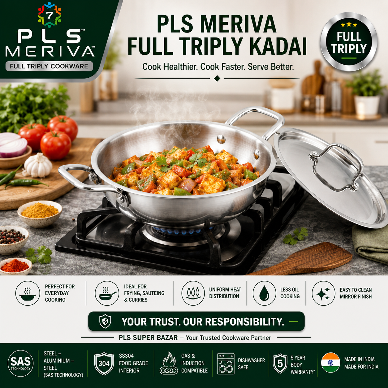 PLS MERIVA Full Triply Kadai used in a modern kitchen for healthy everyday cooking with even heat distribution and premium stainless steel construction.