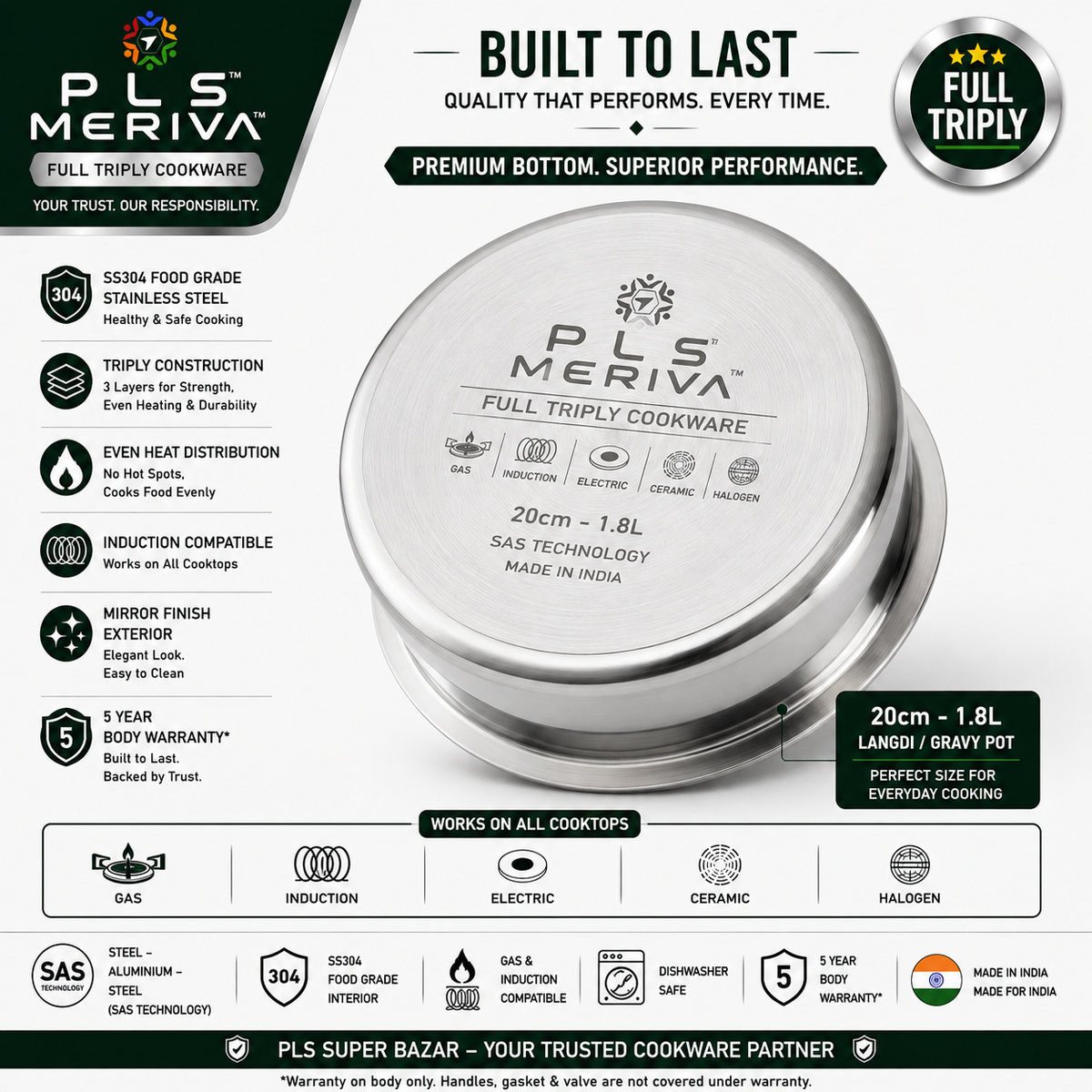 Bottom view of PLS MERIVA Full Triply Gravy Pot showing induction-compatible base with premium SAS Technology and full triply construction.