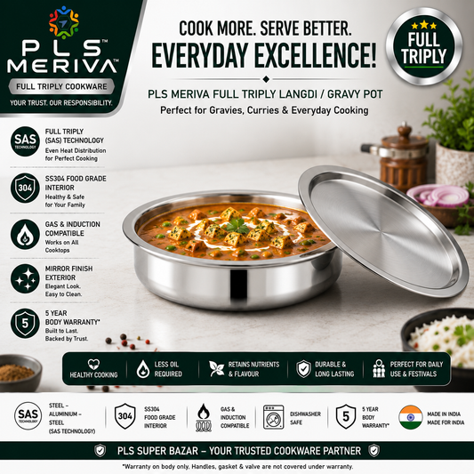 PLS MERIVA Full Triply Gravy Pot with stainless steel lid by PLS Super Bazar featuring SS304 food-grade interior, SAS Technology, 2.5 mm thick body, and induction compatible design.