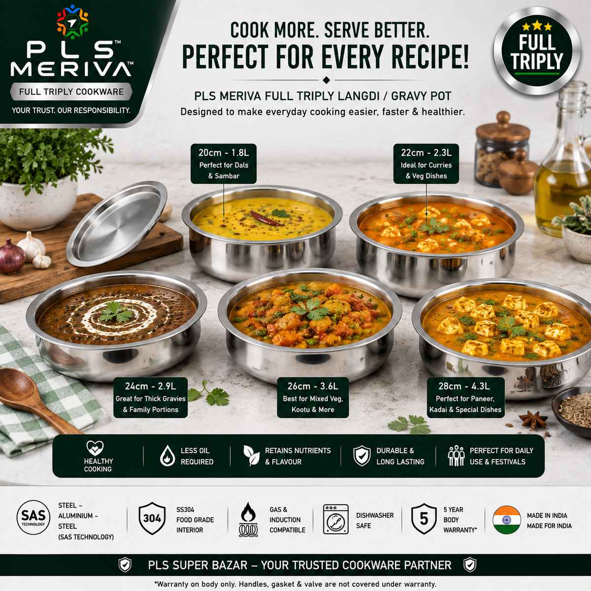 PLS MERIVA Full Triply Gravy Pot used in a modern kitchen for preparing curries, gravies, soups, and everyday family meals.