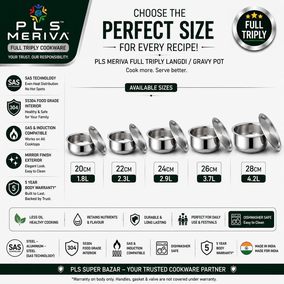 PLS MERIVA Full Triply Gravy Pot size guide displaying available sizes, capacities, net weights, and recommended usage.