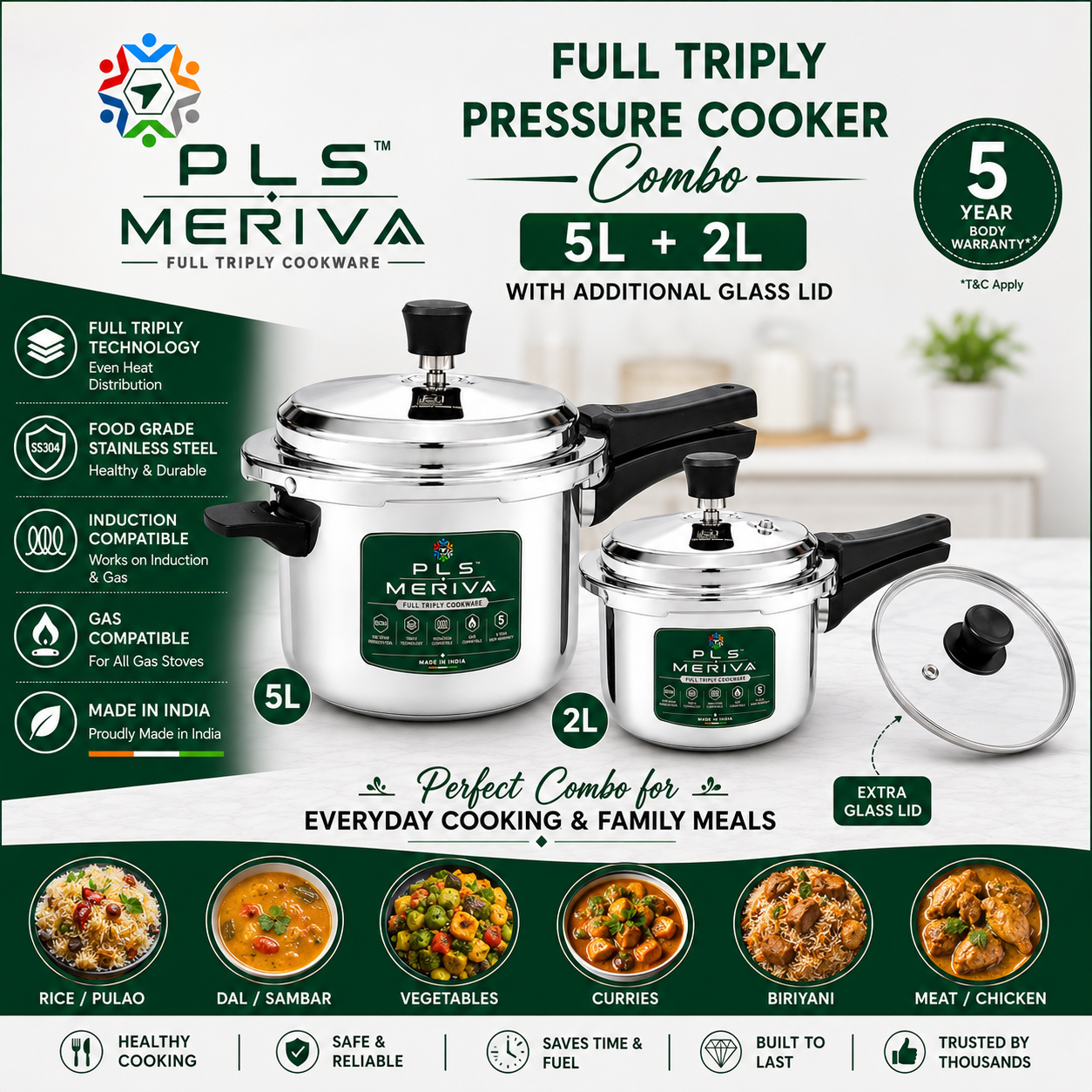 PLS MERIVA ISI Certified Full Triply Outer Lid Pressure Cooker Combo 5L + 2L with Additional Glass Lid
