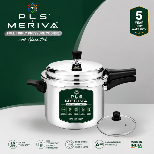 PLS MERIVA Full Triply Pressure Cooker with Glass Lid, stainless steel pressure cooker with mirror polished outer finish